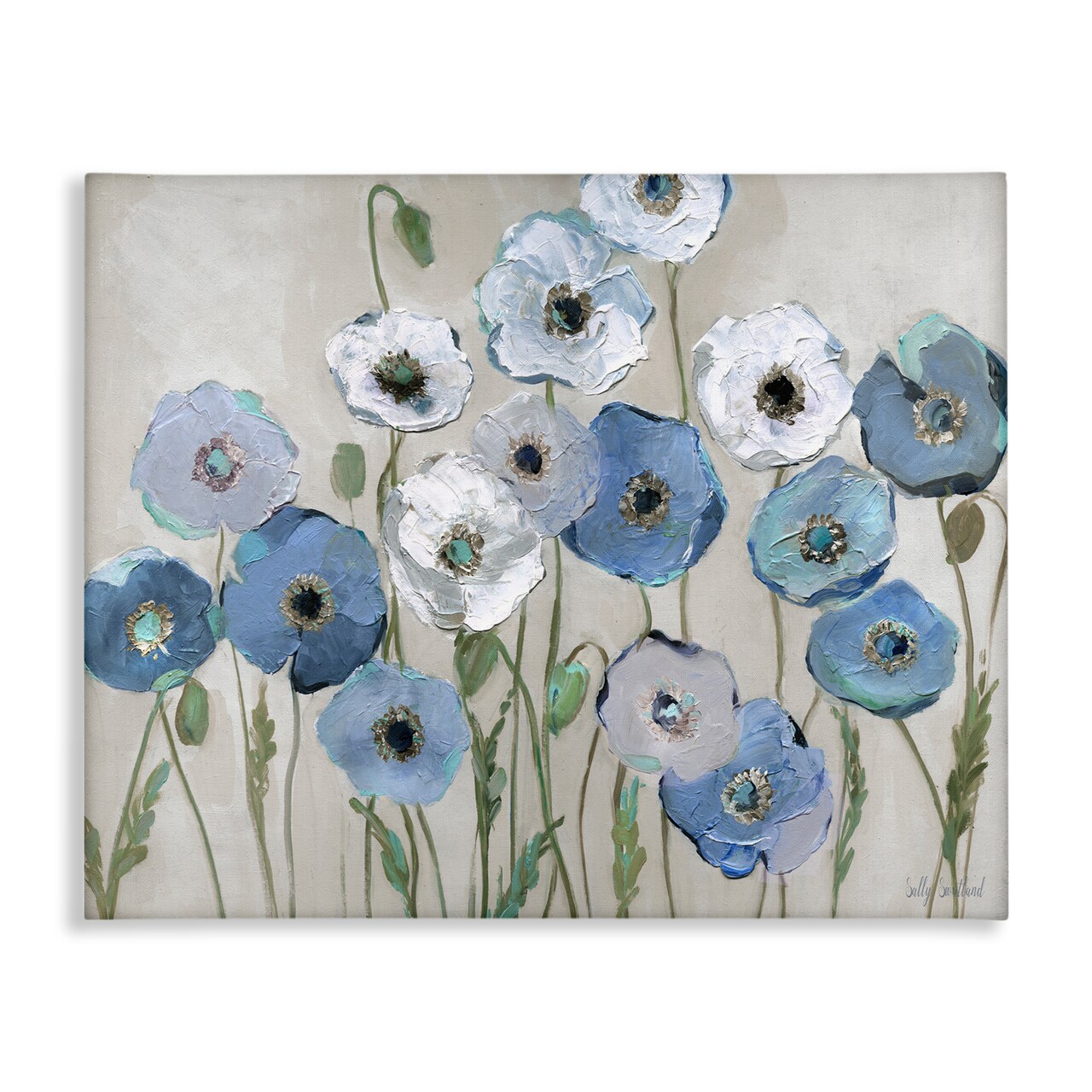 Stupell Industries Round Blue & White Poppies Canvas Wall Art Design by Sally Swatland
